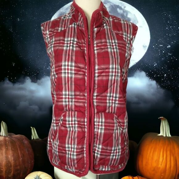 Buffalo Plaid Puffy Vest Quilted Red Pockets Cinched Medium Outdoors Academia - Picture 15 of 16